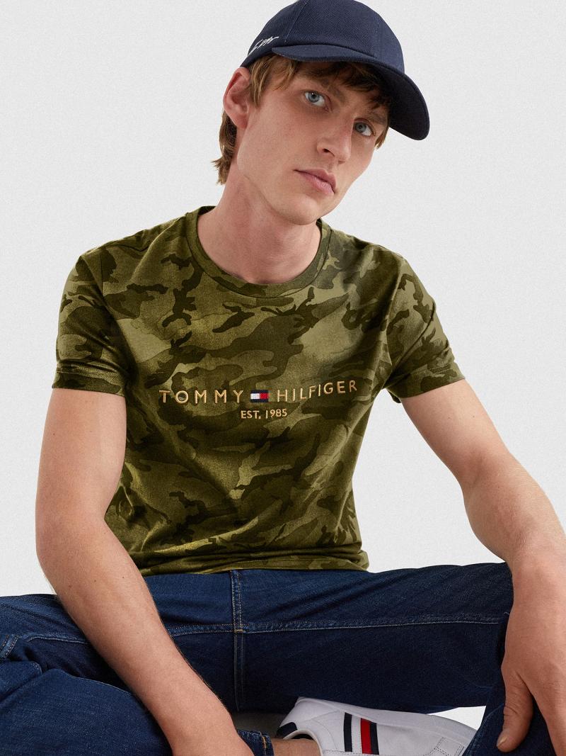 Férfi Tommy Hilfiger Camo logo Póló Olivazöld | HU 795BEX